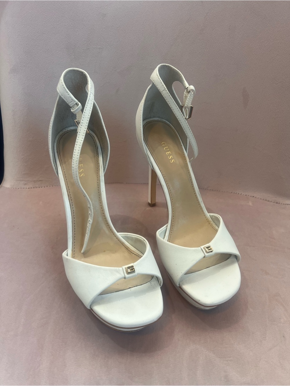 GUESS White Open-Toe Ankle-Strap Stiletto Sandals